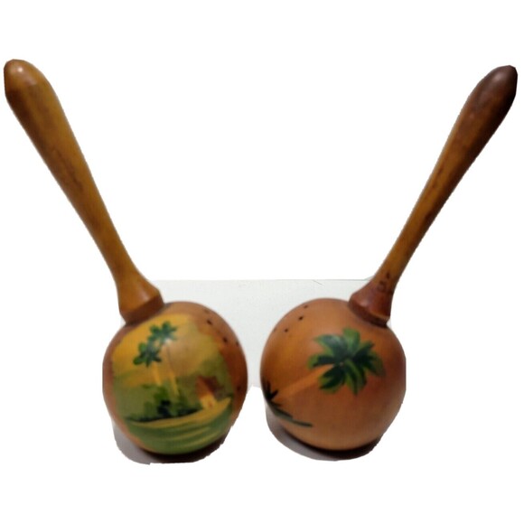 Wooden Salt & Pepper Shakers Maracas Shaped Havana Cuba MCM Vintage Novelty - Picture 2 of 5